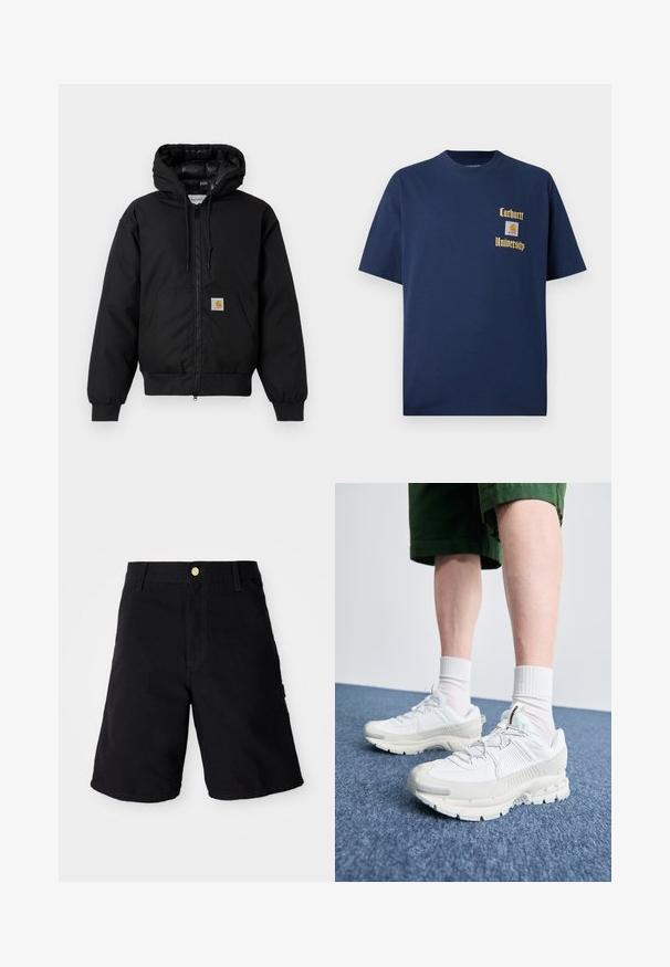 Sort Carhartt hættetrøje med frontlynlås, kengurulomme, ribbede manchetter og logo-patch på lommen.; Marineblå bomulds T-shirt med korte ærmer, der har guld tekst "Carhartt University" og et logo patch på venstre bryst.; Sorte denim shorts med knaplukning, med lige skæring, sidelommer og forstærket syning for holdbarhed.; Hvide atletiske sko med teksturerede overlays, en chunky sål og grå accenter. Båret med hvide ankelstrømper og grønne shorts på en blå overflade.