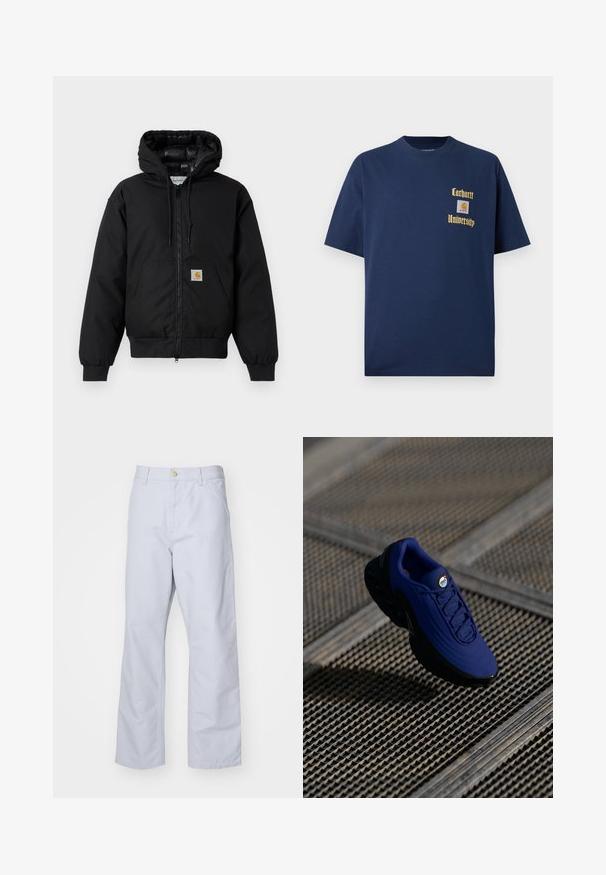 Sort Carhartt hættetrøje med frontlynlås, kengurulomme, ribbede manchetter og logo-patch på lommen.; Marineblå bomulds T-shirt med korte ærmer, der har guld tekst "Carhartt University" og et logo patch på venstre bryst.; Lyseblå, lige bukser lavet af bomuld. Har en frontlomme, lynlås og en enkelt metalknap i taljen.; Blå sportssko med en tekstureret overdel, sort sål og snørebånd. Har "air" branding på tungen og synlige luftpolstringselementer.