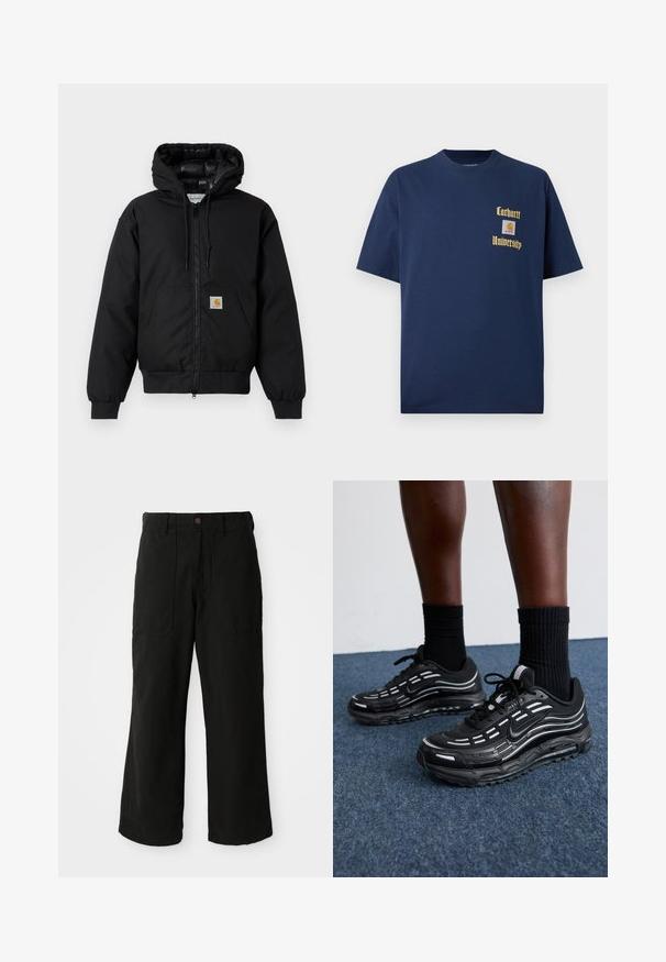 Čierna kapucňová bunda Carhartt s predným zipsom, klokannou vreckom, ribovanými manžetami a logo nášivkou na vrecku.; Námornícky modré bavlnené tričko s krátkymi rukávmi, s vyšívaným zlatým textom "Carhartt University" a nášivkou loga na ľavom prsníku.; Čierne nohavice s širokými nohavicami vyrobené z mäkkej látky, s prednými vreckami a zapínaním na gombík v páse. Minimalistický dizajn bez viditeľných vzorov.; Čierne tenisky Nike majú sieťkový zvršok s akcentovými pruhmi, textúrovaným šnurovaním a čiernu gumovú podrážku. Nosené s čiernymi rebrovanými ponožkami.
