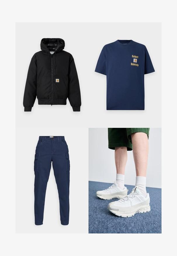 Casaco com capuz Carhartt preto, com fecho na frente, bolso tipo canguru, punhos canelados e patch do logo no bolso.; T-shirt de algodão azul-marinho com mangas curtas, apresentando texto dourado "Carhartt University" e um emblema no lado esquerdo do peito.; Calças cargo azul marinho com bolsos laterais, design de perna afunilada, frente lisa e fecho de botão. Feitas de um tecido resistente, com um acabamento limpo.; Sapatos atléticos brancos com sobreposições texturizadas, sola espessa e detalhes em cinza. Usados com meias brancas até ao tornozelo e calções verdes sobre uma superfície azul.