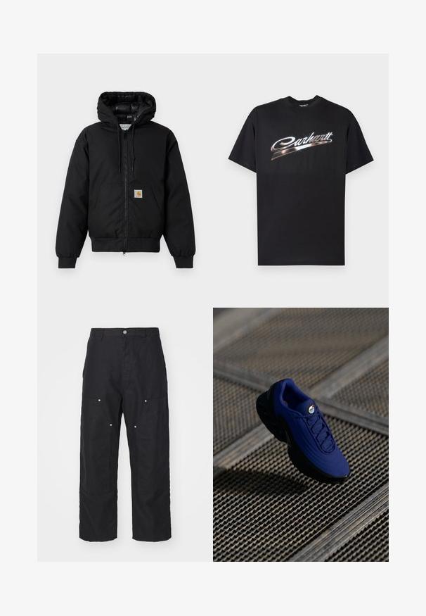 Schwarze Carhartt Kapuzenjacke mit Frontreißverschluss, Kängurutasche, gerippten Bündchen und Logopatch auf der Tasche.; Schwarzes Baumwoll-T-Shirt mit glänzendem "Carhartt"-Logo in stilisierten silbernen Buchstaben auf der Brust, kurzen Ärmeln und Rundhalsausschnitt.; Schwarze Hosen aus einem strukturierten Stoff, mit hoher Taille, lockerer Passform und Vordertaschen mit silberfarbener Druckknopfverzierung.; Blauer Sportschuh mit einer strukturierten Oberseite, schwarzer Sohle und Schnürsenkeln. Verfügt über ein "Air"-Logo auf der Zunge und sichtbarene Luftpolsterungselemente.