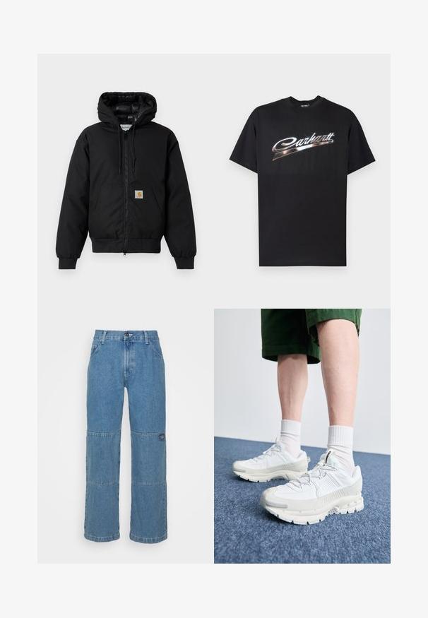 Fekete Carhartt kapucnis dzseki elöl cipzárral, kenguruzsebbel, bordás mandzsettákkal és logóval ellátott zsebbel.; Fekete pamut póló fényes "Carhartt" logóval, amely ezüstös, stilizált betűkkel van a mellrészen, rövid ujjú és kerek nyakú.; Világoskék farmernadrág laza szabással, foltvarrásos panelek, gombos záródás, ötpocket kialakítás, és diszkrét márkajelzés a lábon.; Fehér sportcipők texturált burkolattal, vastag talppal és szürke részletekkel. Fehér sportzoknival és zöld rövidnadrággal viselve, kék felületen.