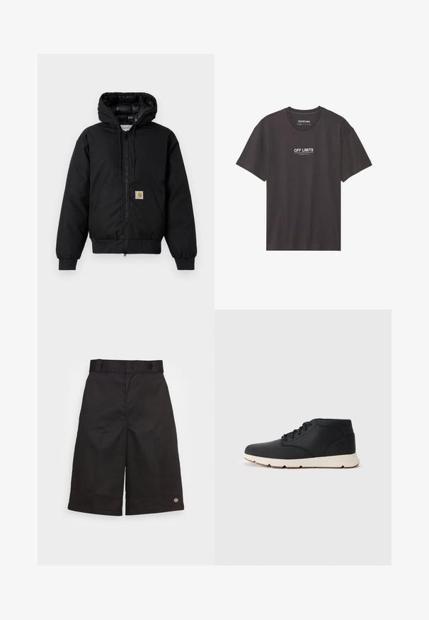 Fekete Carhartt kapucnis dzseki elöl cipzárral, kenguruzsebbel, bordás mandzsettákkal és logóval ellátott zsebbel.; Fekete, rövid ujjú pamut póló, kerek nyakkivágással. Az elején fehér szöveg olvasható: "ELÉRHETETLEN" és "VESZÉLYES TERÜLET".; Fekete pamut rövidnadrág egyenes szabással, térd hosszúságú, és látható márkás logóval a szegélyen, sima textúrával.; Fekete bőr chukka csizmák fehér gumitalppal, kerek fűzőkkel és oldalon lévő logóval, amely a sarokba van belefémjelezve. Egységes sima textúra.