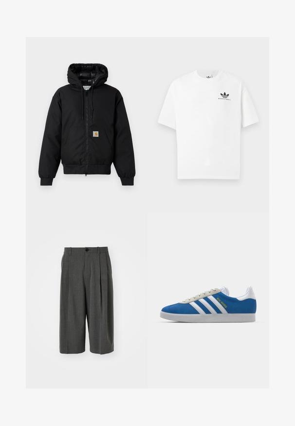 Schwarze Carhartt Kapuzenjacke mit Frontreißverschluss, Kängurutasche, gerippten Bündchen und Logopatch auf der Tasche.; Weißes Baumwoll-T-Shirt mit kurzen Ärmeln, das ein schwarzes "BASKETBALL"-Logo und ein ikonisches Drei-Streifen-Design auf der Vorderseite aufweist.; Graue, gestreifte, weitgeschnittene Shorts mit einem Knopfverschluss und plissiertem Vorderteil. Aus einem strukturierten Stoff gefertigt und mit einem maßgeschneiderten Design.; adidas Originals ADIDAS GAZELLE SHOES - Indoor-Fußballschuhe - real madrid/bluebird/footwear white/crew yellow