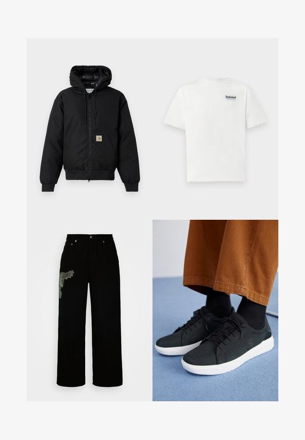 Must värvi Carhartt kapuutsiga jakk, millel on ees viis zipperit, känguru tasku, soonikkoes varrukad ja logo patch taskul.; Valge puuvillane T-särk, millel on sinine tikand "Timberland Rugged Active Gear" logo vasakul rinnal. Lühikesed varrukad ja ümmargune kaelus.; Mustad laiad teksapüksid, mis on valmistatud denimist, vasakul jalal on tekstuurne muster ning hõbedase tooniga riistvara.; Mustad suede spordijalatsid valge kummitaldaga, millel on paeltega kinnitamine, tekstuuriga aktsendid ja tagasihoidlik bränding, koos pruuni pükstega.