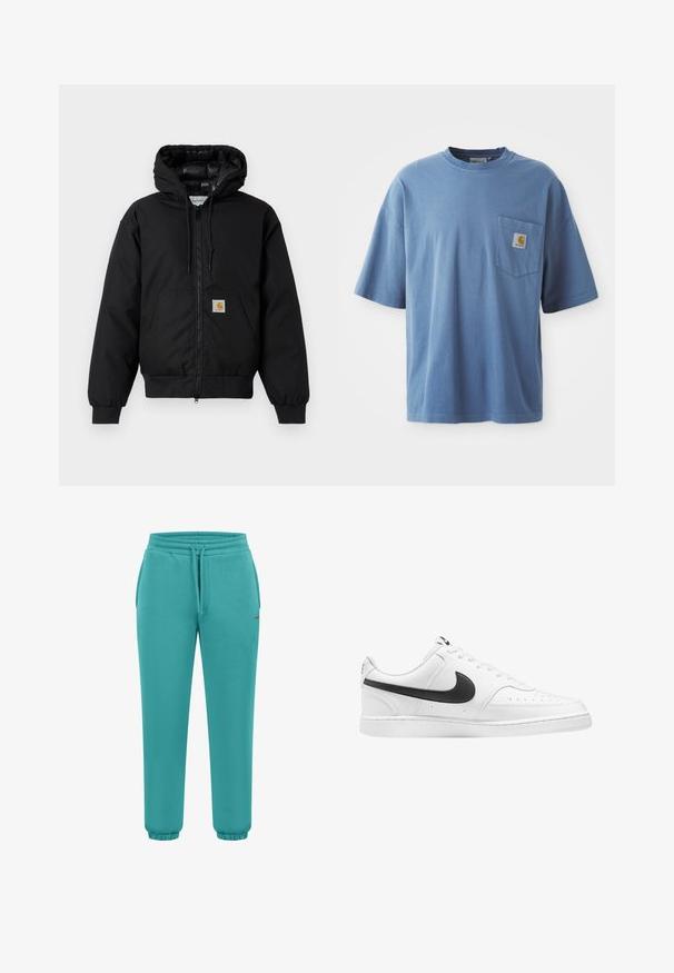 Zwarte Carhartt hoodie met rits aan de voorkant, kangoeroezak, geribde manchetten en logopatch op de zak.; Blauwe katoenen t-shirt met een ronde halslijn, korte mouwen en een linkse borstzak met een logo-patch. Zachte textuur en een relaxte pasvorm.; Turkooizen joggerbroek gemaakt van zacht materiaal, met een elastische tailleband met trekkoord, omgeslagen enkels en een klein logodetail.; Witte leren sneakers met een zwarte Nike swoosh, vetersluiting, ronde neus, geperforeerde details en een platte rubberen zool.