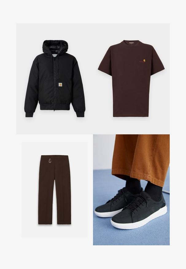 Juodas Carhartt džemperis su gobtuvu, priekiniais užtrauktukais, kengūros kišene, raibstais rankogalviais ir logotipo pleistru kišenėje.; Ruda medvilnė marškinėliai su trumpomis rankovėmis, apvaliu iškirpimu, kairėje krūtinės pusėje oranžinėmis ir raudonomis logotipo detalėmis, tiesia apačia ir laisvu siluetu.; Rudos, plačiajuosčiai kelnių pagaminti iš lygaus audinio su užtrauktuku ir karabinu kaip ryškesniu akcentu, turintys dvi šonines kišenes.; Juodi zomšiniai sneakeriai su baltais guminiais padais, su raištelių uždėjimo dizainu, tekstūruotais akcentais ir subtiliu prekių ženklu, derinami su rudomis kelnėmis.
