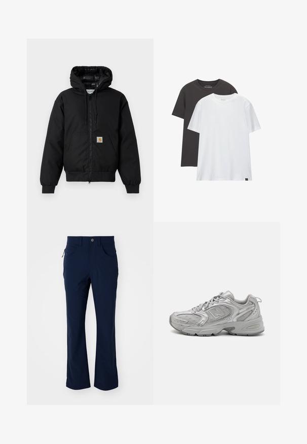 Zwarte Carhartt hoodie met rits aan de voorkant, kangoeroezak, geribde manchetten en logopatch op de zak.; Twee reguliere T-shirts: één zwart en één wit, gemaakt van zachte katoen. Elk shirt heeft een ronde hals en korte mouwen zonder patronen.; Navyblauwe rechtlopende broek met riemlussen, knoopsluiting, voorzakken en een ritssluiting aan de zijkant op een witte achtergrond.; Zilveren hardloopschoen met een slank design, gaaspanelen, een gevoerde tong, textuur van synthetisch bovenwerk en rubberen buitenzool voor grip.