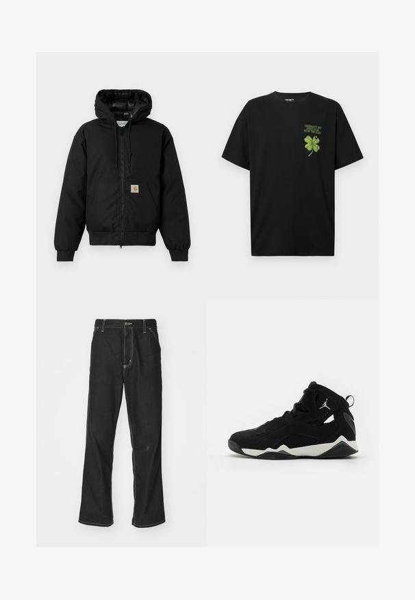 Black Carhartt hooded jacket with front zipper, kangaroo pocket, ribbed cuffs, and logo patch on pocket.; Black cotton t-shirt featuring a green four-leaf clover graphic with the text "GOOD LUCK WITH THE REST" on the left chest area.; Black denim jeans with a loose fit, featuring contrasting white stitching, a button closure, and a straight leg design.; Jordan JORDAN TRUE FLIGHT - High-top trainers - black/phantom/anthracite
