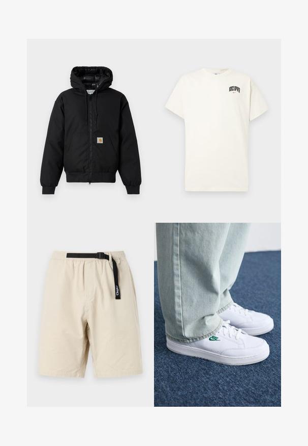 Veste à capuche Carhartt noire avec fermeture éclair à l'avant, poche kangourou, poignets côtelés et patch logo sur la poche.; T-shirt en coton couleur crème à manches courtes, avec "NIKE SB" en texte noir et rouge sur la poitrine. Col rond standard.; Shorts beiges avec une taille élastique et une ceinture noire réglable. Fabriqués dans un tissu léger, présentant un design simple et une coupe droite.; Baskets en cuir blanc avec logo Nike vert, bout rond, semelle plate, associées à un pantalon en denim bleu clair, présentées sur un tapis bleu.