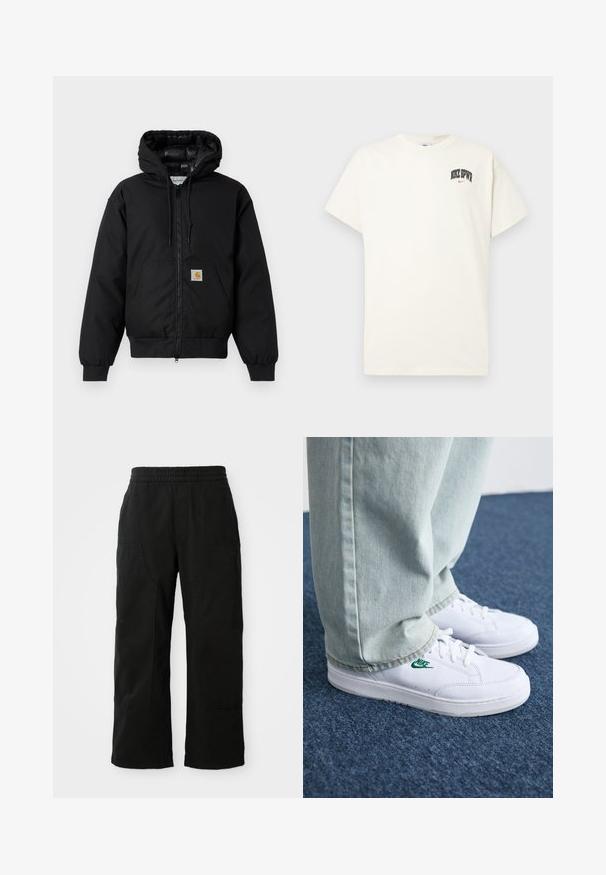Casaco com capuz Carhartt preto, com fecho na frente, bolso tipo canguru, punhos canelados e patch do logo no bolso.; T-shirt de algodão na cor creme com mangas curtas, apresentando "NIKE SB" em texto preto e vermelho no peito. Gola redonda padrão.; Calças de algodão pretas com cintura elástica, design de perna larga e grandes bolsos laterais. O tecido parece suave com uma textura lisa.; Tênis de couro brancos com logo verde da Nike, bico redondo, sola plana, combinados com calças de denim azul claro, exibidos sobre um tapete azul.