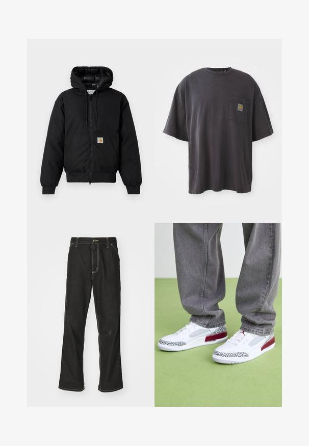 Casaco com capuz Carhartt preto, com fecho na frente, bolso tipo canguru, punhos canelados e patch do logo no bolso.; T-shirt de algodão preto com mangas curtas, decote redondo e bolso no peito esquerdo com um emblema quadrado. Design simples e sem adornos.; Calças de ganga pretas de corte largo, com costuras brancas em contraste, fecho de botão e design de perna reta.; Jordan JORDAN SPIZIKE - Sapatilhas - white/team red/wolf grey/anthracite