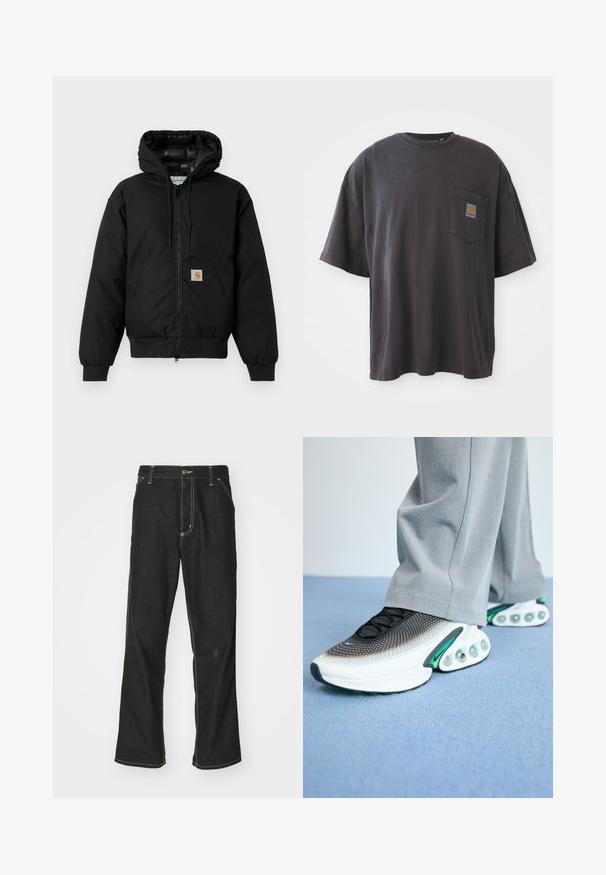 Melnā Carhartt kapuce jaka ar priekšējo rāvējslēdzēju, kangorūkas kabatu, ribotām piedurknēm un logotipa plāksteri uz kabatas.; Melna kokvilnas t-krekls ar īsām piedurknēm, apaļu kakla izgriezumu un kreisajā krūšu daļā esošu kabatu ar kvadrātveida logo uzlīmi. Vienkāršs un bez rotājumiem dizains.; Melni džinsi ar brīvu piegriezumu, ar kontrastējošu baltu diegu, pogu aizdari un taisnu kāju dizainu.; Melnas un baltas sporta apavi ar zaļiem akcentiem, ar strukturētu sieta virsmu, ar šņorēšanu un redzamu gaisa amortizācijas zoli.