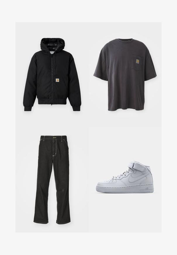 Črna Carhartt kapuca s sprednjim zadrgo, kenguru žepom, rebrastimi manšetami in logotipom na žepu.; Črna bombažna majica s kratkimi rokavi, okroglim izrezom in žepom na levi strani prsi, ki vključuje kvadratno oznako. Preprost in neopazen dizajn.; Črne jeans hlače ohlapenega kroja, ki imajo kontrastno belo šivanje, zapiranje na gumb in ravno nogavico.; Visoke sive Nike Air Force 1 teniske z usnjem zgoraj, podloženim ovratnikom in z ježkom. Ikonična zasnova vključuje perforirano cono za prste.