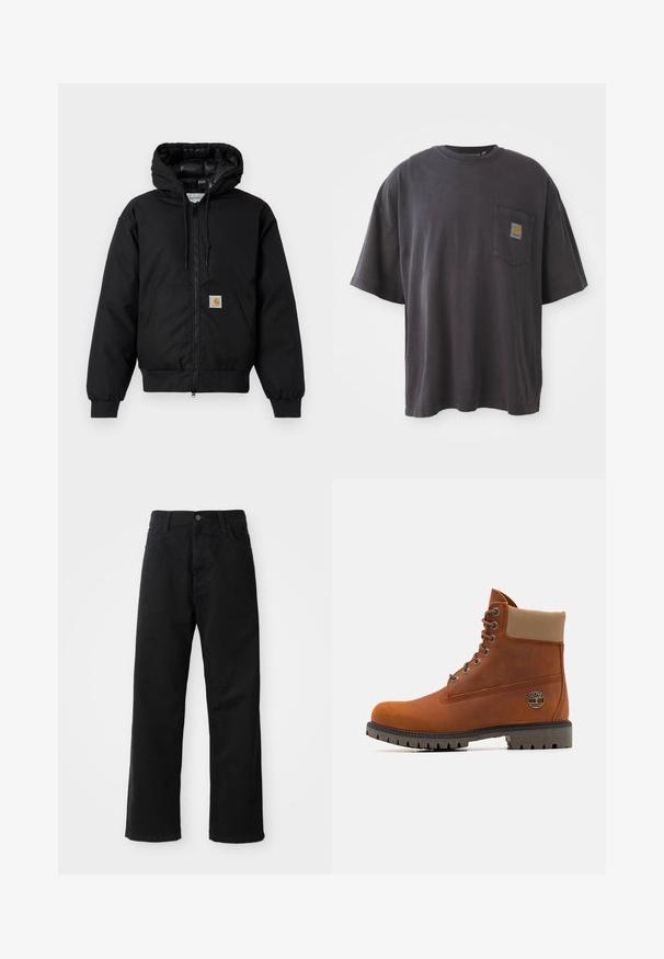 Jachetă cu glugă Carhartt de culoare neagră, cu fermoar frontal, buzunar tip kangaroo, manșete ribbate și patch cu logo pe buzunar.; Tricou negru din bumbac cu mâneci scurte, guler rotund și un buzunar pe piept stâng care prezintă un patch logo pătrat. Design simplu și fără decorațiuni.; Pantaloni din denim negri cu croi drept, având buzunare frontale, fermoar și un singur buton la partea superioară. Țesătură texturată cu un finisaj mat.; Timberland Botine cu șireturi - medium orange