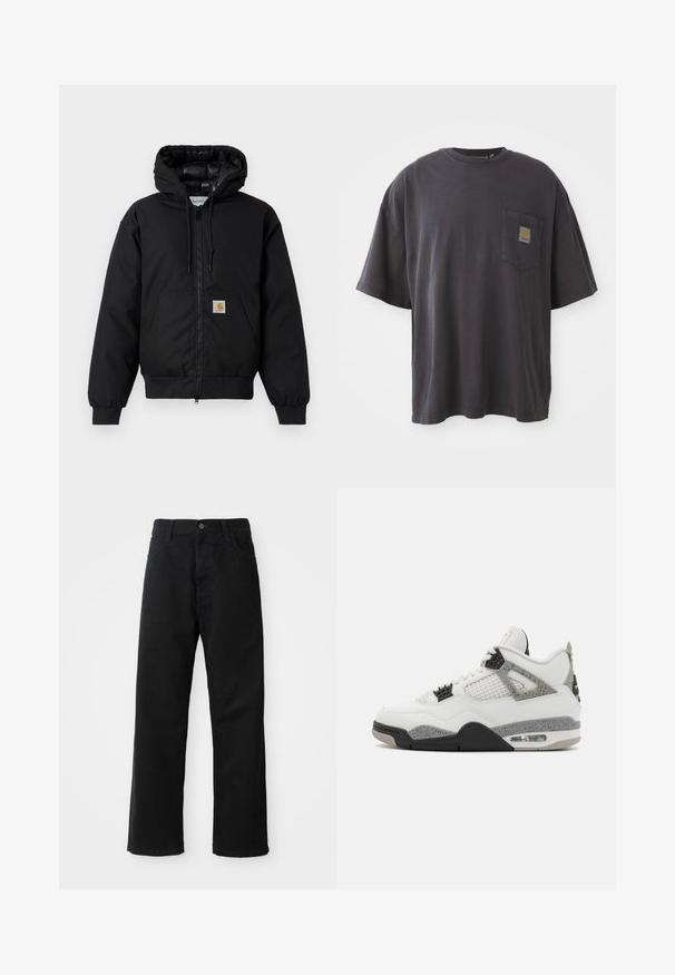 Schwarze Carhartt Kapuzenjacke mit Frontreißverschluss, Kängurutasche, gerippten Bündchen und Logopatch auf der Tasche.; Schwarzes Baumwoll-T-Shirt mit kurzen Ärmeln, rundem Halsausschnitt und einer linken Brusttasche mit einem quadratischen Logo-Patch. Schlichtes und unauffälliges Design.; Schwarze Jeans mit geradem Schnitt, ausgestattet mit Fronttaschen, einem Reißverschluss und einem einzelnen oberen Knopf. Texturiert mit matter Oberfläche.; Weißer Sneaker mit schwarzen und grauen Akzenten. Verfügt über netzartige Einsätze, eine gesprenkelte Zwischensohle und einen gepolsterten Schaft. Abgerundete Zehenpartie mit Schnürsenkeln.
