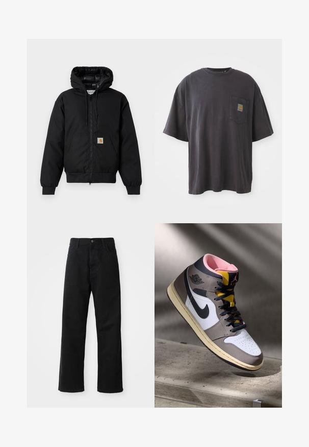 Black Carhartt hooded jacket with front zipper, kangaroo pocket, ribbed cuffs, and logo patch on pocket.; Black cotton t-shirt with short sleeves, a round neckline, and a left chest pocket featuring a square logo patch. Simple and unembellished design.; Black denim pants with a straight cut, featuring front pockets, a zip fly, and a single top button. Textured fabric with a matte finish.; High-top Nike Air Jordan sneaker in white, grey, and black with pink interior and yellow tongue, positioned on a concrete surface.