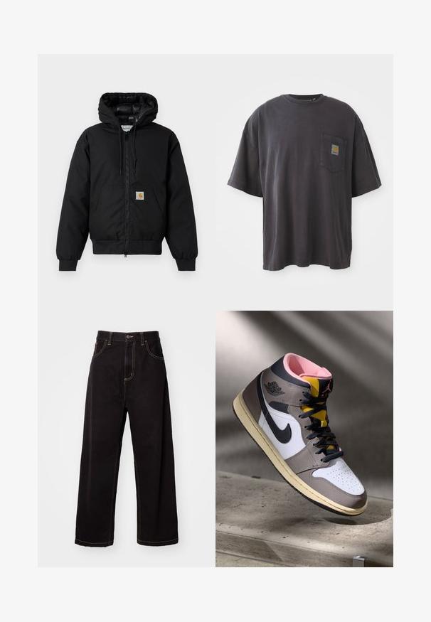 Black Carhartt hooded jacket with front zipper, kangaroo pocket, ribbed cuffs, and logo patch on pocket.; Black cotton t-shirt with short sleeves, a round neckline, and a left chest pocket featuring a square logo patch. Simple and unembellished design.; Black denim wide-leg pants with contrast stitching, five-pocket design, and a front button closure. Smooth texture and sturdy fabric.; High-top Nike Air Jordan sneaker in white, grey, and black with pink interior and yellow tongue, positioned on a concrete surface.