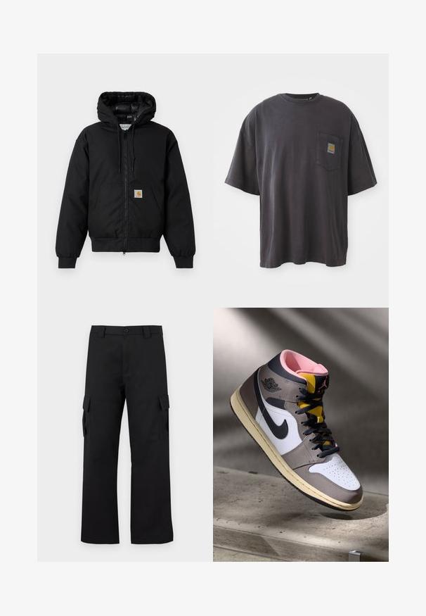 Black Carhartt hooded jacket with front zipper, kangaroo pocket, ribbed cuffs, and logo patch on pocket.; Black cotton t-shirt with short sleeves, a round neckline, and a left chest pocket featuring a square logo patch. Simple and unembellished design.; Black cargo pants with a straight leg design. Made from durable fabric, featuring two side pockets with flap closures and a button fly.; High-top Nike Air Jordan sneaker in white, grey, and black with pink interior and yellow tongue, positioned on a concrete surface.