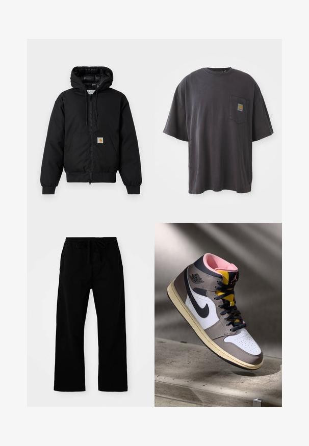 Black Carhartt hooded jacket with front zipper, kangaroo pocket, ribbed cuffs, and logo patch on pocket.; Black cotton t-shirt with short sleeves, a round neckline, and a left chest pocket featuring a square logo patch. Simple and unembellished design.; Black, elastic-waist pants with adjustable drawstring, wide legs, and a smooth cotton texture. No visible patterns or hardware details.; High-top Nike Air Jordan sneaker in white, grey, and black with pink interior and yellow tongue, positioned on a concrete surface.
