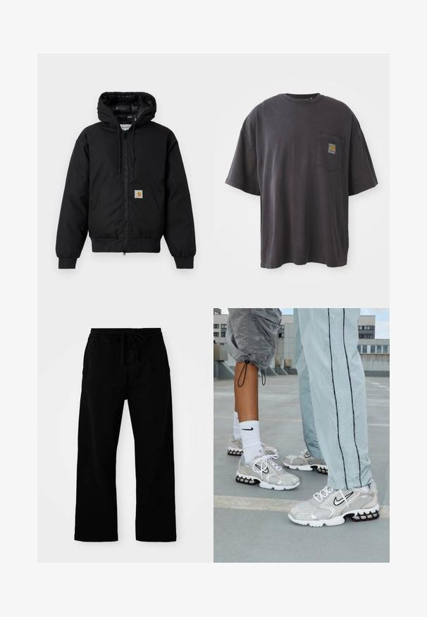 Črna Carhartt kapuca s sprednjim zadrgo, kenguru žepom, rebrastimi manšetami in logotipom na žepu.; Črna bombažna majica s kratkimi rokavi, okroglim izrezom in žepom na levi strani prsi, ki vključuje kvadratno oznako. Preprost in neopazen dizajn.; Črne hlače z elastičnim pasom in nastavljivim vrvico, širokimi nogami in gladkim bombažnim teksturo. Brez vidnih vzorcev ali kovinskih podrobnosti.; Nike športni copati iz srebrnega mrežnega materiala, ki imajo bele vezalke, črn Swoosh logotip ter črno-rdečo podplat z zračnim oblazinjenjem.