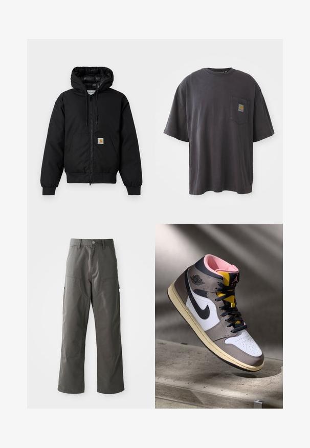 Black Carhartt hooded jacket with front zipper, kangaroo pocket, ribbed cuffs, and logo patch on pocket.; Black cotton t-shirt with short sleeves, a round neckline, and a left chest pocket featuring a square logo patch. Simple and unembellished design.; Gray cargo pants with a straight leg design, featuring two front pockets and additional side pockets for storage. Made from durable fabric.; High-top Nike Air Jordan sneaker in white, grey, and black with pink interior and yellow tongue, positioned on a concrete surface.