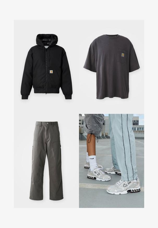 Mustaherra Carhartt-huppari, jossa on etuvetoketju, kengurupocket, ribbed-hihansuut ja logopatch taskussa.; Mustat puuvillapaidat, joissa on lyhyet hihat, pyöreä kaula-aukko ja vasemmassa rinnassa tasku, jossa on neliölogo. Yksinkertainen ja koristelematon muotoilu.; Harmaan väriset cargo-housut, joissa on suora lahjetyyli. Housuissa on kaksi etutaskua sekä lisätaskuja sivuilla varastointia varten. Valmistettu kestävästä kankaasta.; Nike urheilukengät hopeisesta verkkomateriaalista, jossa on valkoiset nauhat, musta swoosh-logo ja musta-punainen ilmatyynypohja.