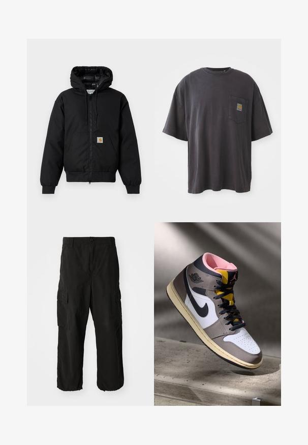Crna Carhartt jakna s kapuljačom, s prednjim zatvaračem, kangaroo džepom, rebrastim manžetama i logo naljepnicom na džepu.; Crna pamučna majica s kratkim rukavima, okruglim izrezom i džepom na lijevoj strani grudnog koša s kvadratnom oznakom. Jednostavan i neukrašen dizajn.; Crne cargo hlače od mekog materijala, s opuštenim krojem, bočnim džepovima i zatvaranjem na dugme. Donji rub je s manžetom.; Visoke Nike Air Jordan tenisice u bijeloj, sivoj i crnoj boji s ružičastim unutrašnjim dijelom i žutim jezikom, postavljene na betonskoj površini.