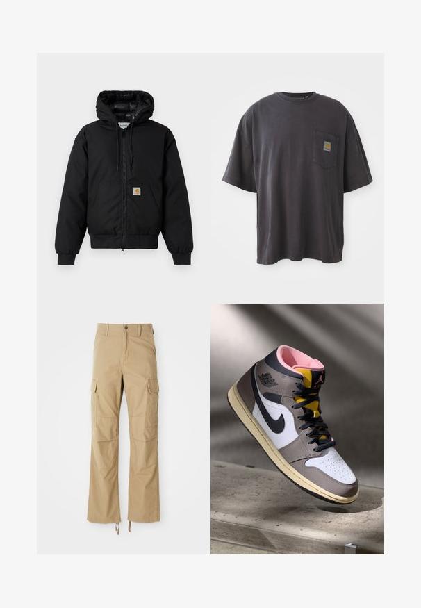 Veste à capuche Carhartt noire avec fermeture éclair à l'avant, poche kangourou, poignets côtelés et patch logo sur la poche.; T-shirt en coton noir à manches courtes, col rond et poche sur la poitrine gauche avec un patch logo carré. Design simple et sans ornement.; Pantalons cargo kaki en tissu durable, dotés de plusieurs poches latérales, d'une coupe droite et de cordons de serrage réglables à l'ourlet.; Sneaker Nike Air Jordan montante en blanc, gris et noir avec un intérieur rose et une languette jaune, posé sur une surface en béton.