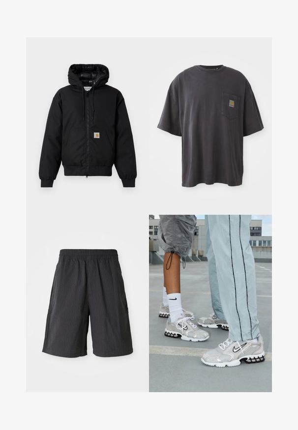 Sort Carhartt hættetrøje med frontlynlås, kengurulomme, ribbede manchetter og logo-patch på lommen.; Sort bomulds T-shirt med korte ærmer, en rund halsudskæring og en venstre brystlomme med et firkantet logo-patch. Enkel og uudsmykket design.; Sorte shorts med en struktureret, ribbet design, elastisk talje og to sidelommer. Casual stil, længde over knæet.; Nike sportssko i sølvfarvet meshmateriale med hvide snørebånd, et sort swoosh-logo og en sort og rød luftdæmpningssål.
