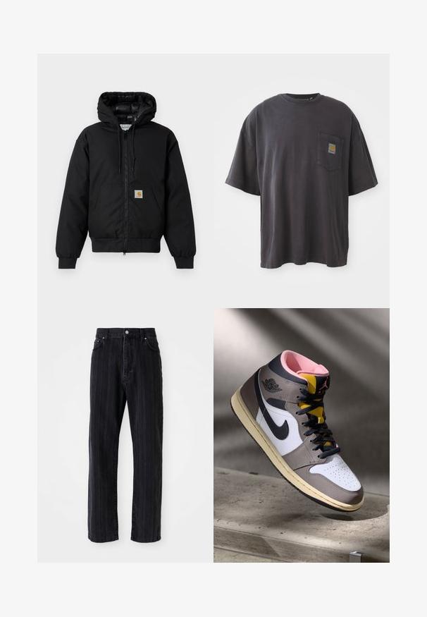 Mustaherra Carhartt-huppari, jossa on etuvetoketju, kengurupocket, ribbed-hihansuut ja logopatch taskussa.; Mustat puuvillapaidat, joissa on lyhyet hihat, pyöreä kaula-aukko ja vasemmassa rinnassa tasku, jossa on neliölogo. Yksinkertainen ja koristelematon muotoilu.; Mustat farkut, joissa on pystysuorat raidat, suora lahjemuotoilu, etutaskut ja napitus. Sileä pintatekstuuri ja tasainen väri.; Korkeavartiset Nike Air Jordan -lenkkarit valkoisena, harmaana ja mustana vaaleanpunaisella sisäosalla ja keltaisella kielillä, asetettuna betonipinnalle.