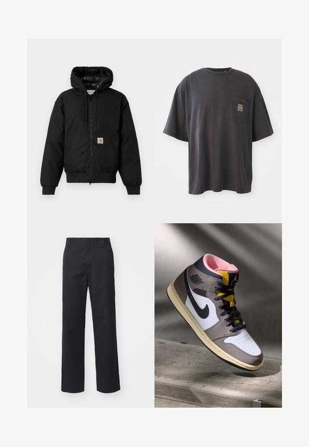 Sort Carhartt hættetrøje med frontlynlås, kengurulomme, ribbede manchetter og logo-patch på lommen.; Sort bomulds T-shirt med korte ærmer, en rund halsudskæring og en venstre brystlomme med et firkantet logo-patch. Enkel og uudsmykket design.; Sorte lige benbukser lavet af bomuldsblandet stof. Har en flad frontbetræk med bæltesløjfer og ingen synlig hardware eller udsmykninger.; Høj-top Nike Air Jordan sneaker i hvid, grå og sort med pink indvendigt og gul tunge, placeret på en betonoverflade.