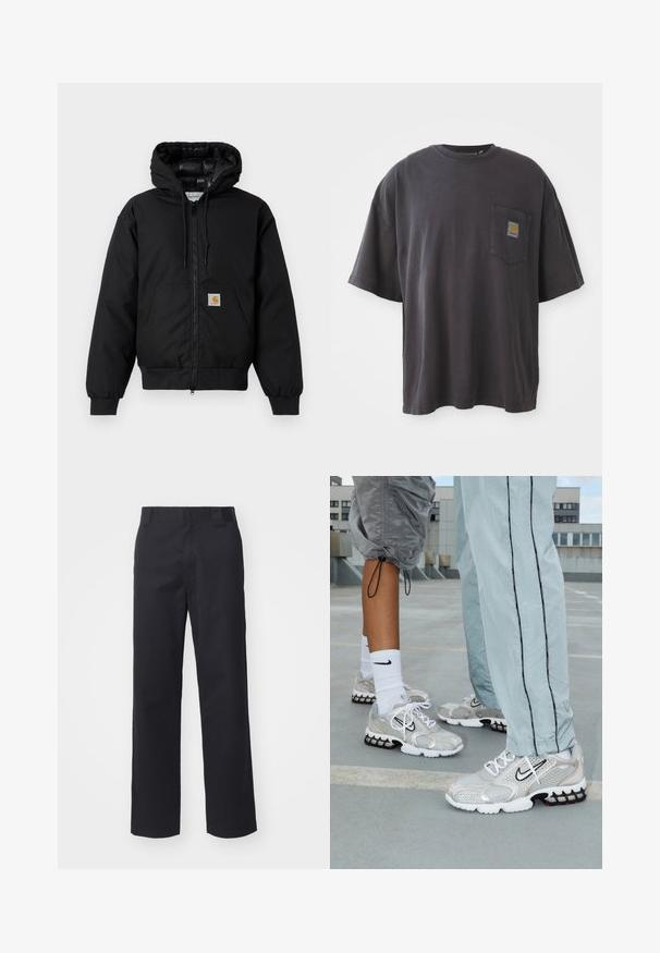 Chaqueta con capucha Carhartt negra, con cremallera frontal, bolsillo tipo canguro, puños de canalé y parche con el logo en el bolsillo.; Camiseta de algodón negra con mangas cortas, un cuello redondo y un bolsillo en el pecho izquierdo con un parche de logo cuadrado. Diseño simple y sin adornos.; Pantalones rectos negros hechos de una mezcla de algodón. Cuentan con una cintura plana con presillas para cinturón y sin hardware o adornos visibles.; Zapatillas deportivas de Nike en un material de malla plateado, con cordones blancos, un logotipo Swoosh negro y una suela de amortiguación en negro y rojo.