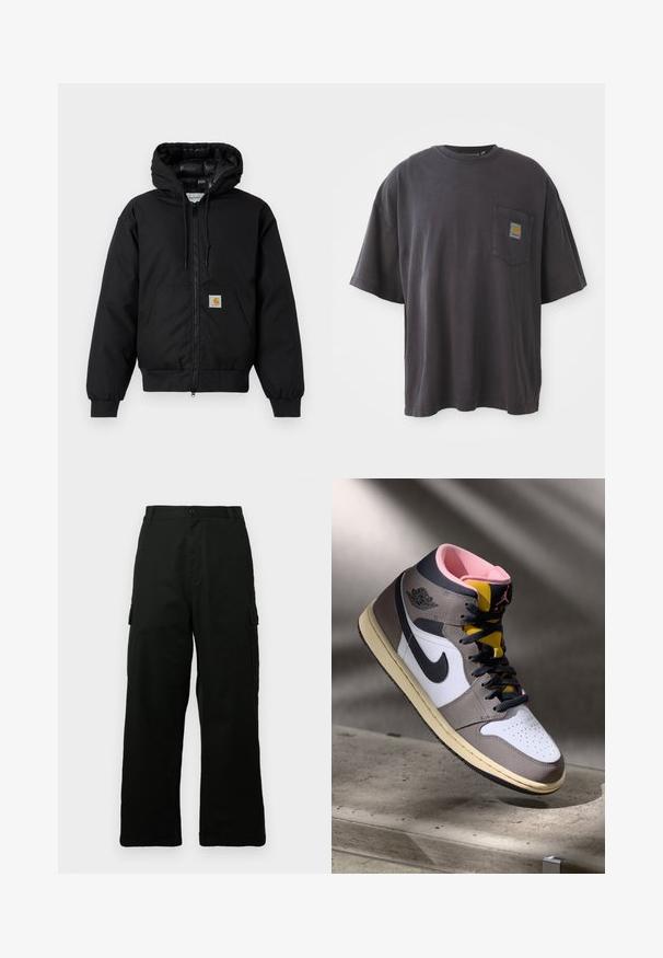 Veste à capuche Carhartt noire avec fermeture éclair à l'avant, poche kangourou, poignets côtelés et patch logo sur la poche.; T-shirt en coton noir à manches courtes, col rond et poche sur la poitrine gauche avec un patch logo carré. Design simple et sans ornement.; Pantalon cargo noir en tissu résistant, avec une coupe large aux jambes, plusieurs poches latérales et une coupe droite.; Sneaker Nike Air Jordan montante en blanc, gris et noir avec un intérieur rose et une languette jaune, posé sur une surface en béton.