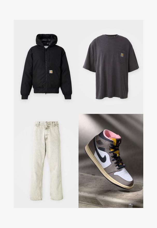 Black Carhartt hooded jacket with front zipper, kangaroo pocket, ribbed cuffs, and logo patch on pocket.; Black cotton t-shirt with short sleeves, a round neckline, and a left chest pocket featuring a square logo patch. Simple and unembellished design.; Light grey denim pants with a straight leg design, button closure, and belt loops. Features subtle texture and minimalistic stitching details.; High-top Nike Air Jordan sneaker in white, grey, and black with pink interior and yellow tongue, positioned on a concrete surface.