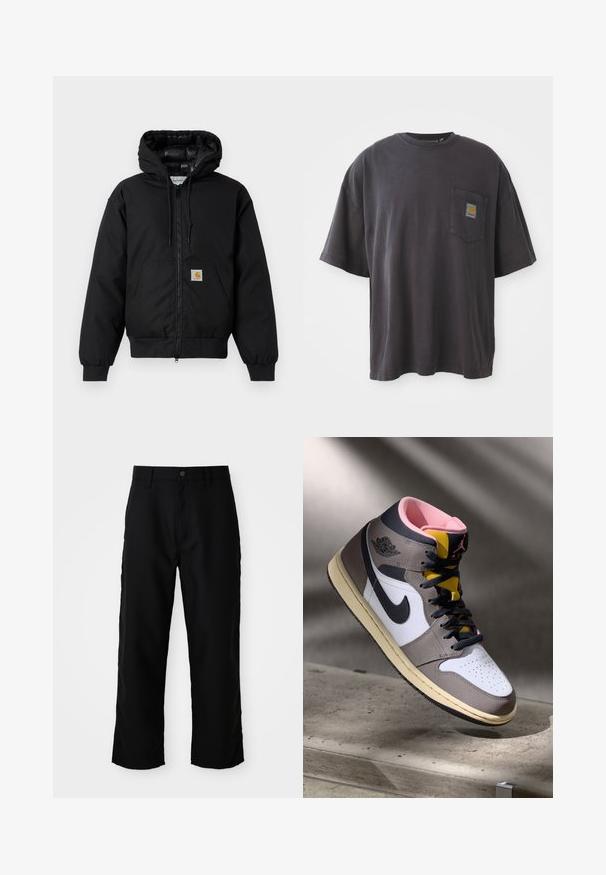 Czarna, bawełniana kurtka z kapturem Carhartt z przednim zamkiem błyskawicznym, kieszenią kangurką, ściągaczami przy mankietach oraz naszywką z logo na kieszeni.; Czarna bawełniana koszulka z krótkim rękawem, okrągłym dekoltem i kieszenią na lewej piersi z kwadratową łatką logo. Prosty i nieozdobiony design.; Czarne spodnie straight-leg z pętelkami na pasek, z przodu z guzikiem i zamkiem błyskawicznym na jasnym, jednolitym tle.; Wysokie sneakersy Nike Air Jordan w bieli, szarości i czerni z różowym wnętrzem i żółtym językiem, umieszczone na betonowej powierzchni.