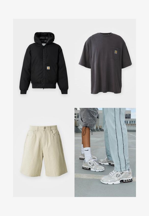 Casaco com capuz Carhartt preto, com fecho na frente, bolso tipo canguru, punhos canelados e patch do logo no bolso.; T-shirt de algodão preto com mangas curtas, decote redondo e bolso no peito esquerdo com um emblema quadrado. Design simples e sem adornos.; Calções em padrão xadrez bege, feitos de tecido leve, com dois bolsos laterais, fecho de botão e um design de corte descontraído.; Ténis de desporto Nike em material de malha prateada, com atacadores brancos, um logo Swoosh preto e uma sola de amortecimento em negro e vermelho.