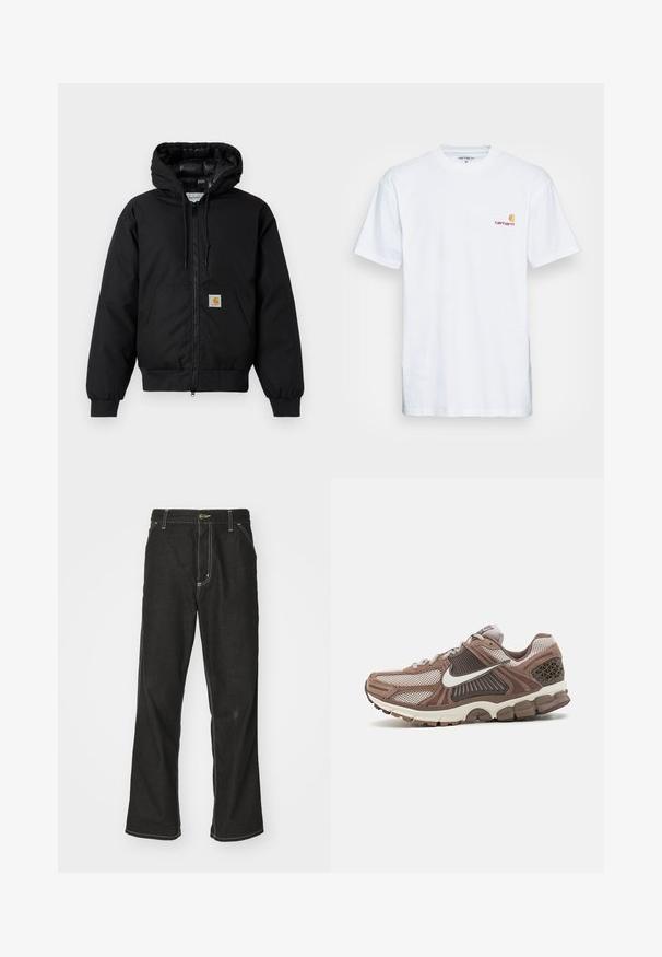Casaco com capuz Carhartt preto, com fecho na frente, bolso tipo canguru, punhos canelados e patch do logo no bolso.; T-shirt de algodão branco com mangas curtas. Apresenta um pequeno logótipo laranja e castanho-escuro no lado esquerdo do peito. Tem um clássico decote redondo.; Calças de ganga pretas de corte largo, com costuras brancas em contraste, fecho de botão e design de perna reta.; Sapatilha de corrida sintética castanha com painéis de malha e camurça, sola almofadada e logo swoosh branco na lateral.