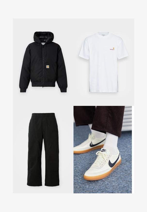 Μαύρο μπουφάν με κουκούλα Carhartt με μπροστινό φερμουάρ, καγκουρό τσέπη, ριμπ μανσέτες και λογότυπο στην τσέπη.; Λευκό βαμβακερό μπλουζάκι με κοντά μανίκια. Σχεδιασμένο με ένα μικρό πορτοκαλί και μπορντώ λογότυπο στο αριστερό στήθος. Διαθέτει κλασικό στρογγυλό λαιμό.; Μαύρο βαμβακερό παντελόνι με ελαστική μέση, σχεδίαση φαρδιών ποδιών και μεγάλα πλαϊνά τσέπες. Ο ιστός φαίνεται μαλακός με λεία υφή.; Αθλητικά παπούτσια Nike από λευκό δέρμα με ναυτικό swoosh, με σόλα από καουτσούκ γόμας και λευκές κορδόνες, συνδυασμένα με λευκές κάλτσες μέχρι τον αστράγαλο και σκούρο παντελόνι καμπάνα.