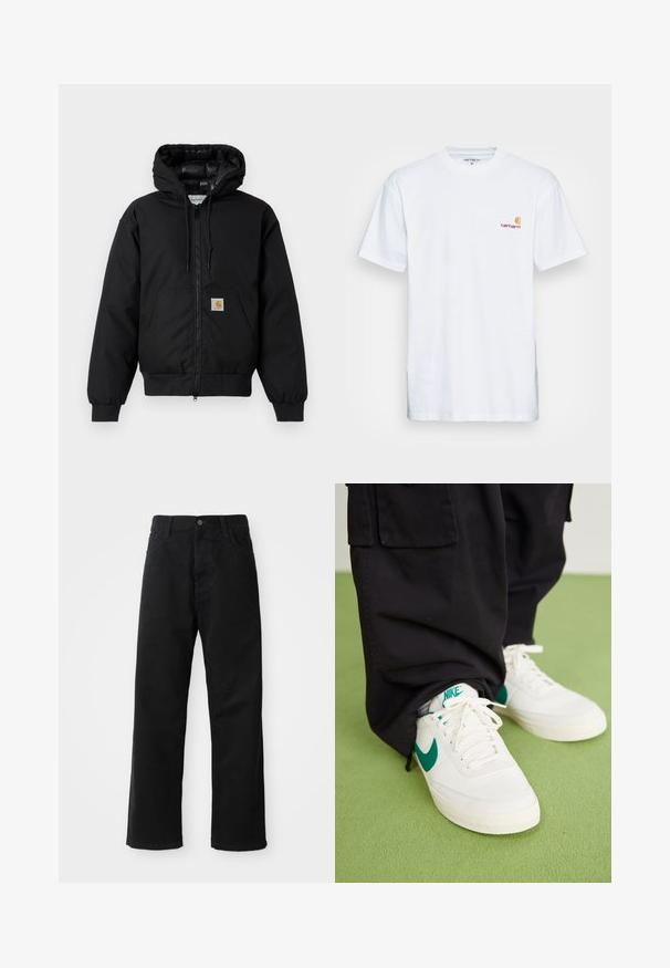 Jachetă cu glugă Carhartt de culoare neagră, cu fermoar frontal, buzunar tip kangaroo, manșete ribbate și patch cu logo pe buzunar.; Tricou alb din bumbac, cu mâneci scurte. Creat cu un mic logo portocaliu și bordo pe pieptul stâng. Prezintă un gât rotund clasic.; Pantaloni din denim negri cu croi drept, având buzunare frontale, fermoar și un singur buton la partea superioară. Țesătură texturată cu un finisaj mat.; Sneakers din piele albă cu accente verzi și logo, având șireturi plate și tălpi texturate, purtate cu pantaloni cargo negri larghi.