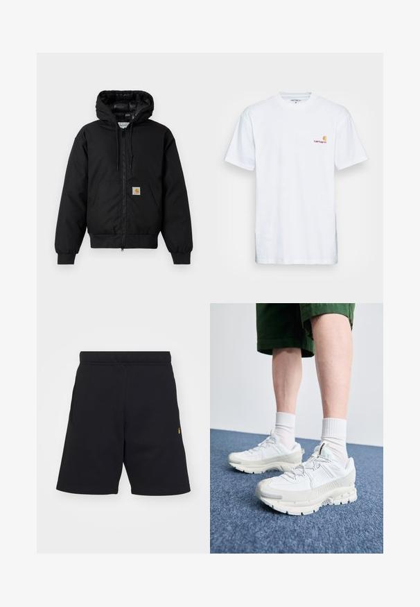 Jachetă cu glugă Carhartt de culoare neagră, cu fermoar frontal, buzunar tip kangaroo, manșete ribbate și patch cu logo pe buzunar.; Tricou alb din bumbac, cu mâneci scurte. Creat cu un mic logo portocaliu și bordo pe pieptul stâng. Prezintă un gât rotund clasic.; Shorts negri dintr-un material moale, cu un elastic în talie, buzunare laterale și un mic accent cu logo auriu în partea stângă jos.; Pantofi sport albi cu suprapuneri texturate, talpă masivă și accente gri. Purtați cu șosete albe până la glezne și pantaloni scurți verzi pe o suprafață albastră.