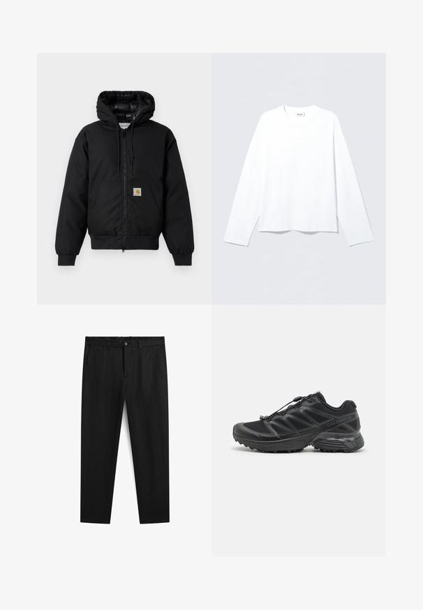 Veste à capuche Carhartt noire avec fermeture éclair à l'avant, poche kangourou, poignets côtelés et patch logo sur la poche.; Chemise blanche à manches longues en tissu doux, avec un col rond et une coupe ample. Texture lisse sans motifs ni accents.; Pantalons en coton noirs avec une coupe droite, dotés d'une fermeture à bouton, de passants de ceinture et de deux poches latérales. Texturé lisse et design minimaliste.; Chaussure de course noire avec tige en maille et synthétique, semelle extérieure flexible et lacets élastiques. Dispose d'une semelle intermédiaire rembourrée pour le confort.