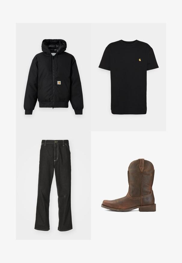 Chaqueta con capucha Carhartt negra, con cremallera frontal, bolsillo tipo canguro, puños de canalé y parche con el logo en el bolsillo.; Camiseta de algodón negra con mangas cortas, cuello redondo y un pequeño logo amarillo en el área del pecho izquierdo. Diseño simple y ajuste regular.; Jeans de mezclilla negra con un corte holgado, que cuentan con costuras blancas contrastantes, cierre de botón y un diseño de pierna recta.; Ariat WESTERN RAMBLER - Botines camperos - wicker