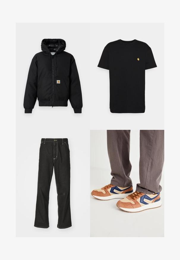 Čierna kapucňová bunda Carhartt s predným zipsom, klokannou vreckom, ribovanými manžetami a logo nášivkou na vrecku.; Čierne bavlnené tričko s krátkymi rukávmi, okrúhlym výstrihom a malým žltým logom na ľavej strane hrude. Jednoduchý dizajn a bežný strih.; Čierne denimové nohavice s voľným strihom, s kontrastným bielym prešívaním, uzáverom na gombík a rovnými nohavicami.; Tenisky s kombináciou pieskového semišu a krémového syntetického materiálu, so modrým akcentom a textúrovanou podrážkou; hnedé šnúrky; nosené s sivými pruhovanými nohavicami.