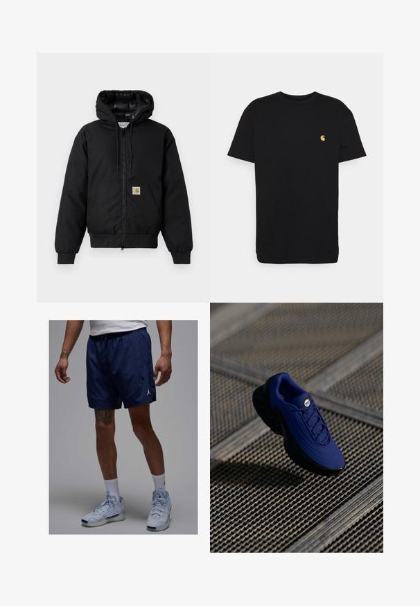 Casaco com capuz Carhartt preto, com fecho na frente, bolso tipo canguru, punhos canelados e patch do logo no bolso.; T-shirt de algodão preto com mangas curtas, decote redondo e um pequeno logótipo amarelo na área do peito esquerdo. Design simples e ajuste regular.; Calções de desporto azul marinho com cintura elástica, bolsas laterais e um logótipo Jumpman branco. Usados com ténis azul claro e meias brancas.; Sapatilha atlética azul com parte superior texturizada, sola preta e atacadores. Apresenta uma marcação "air" na língua e elementos de amortecimento de ar visíveis.