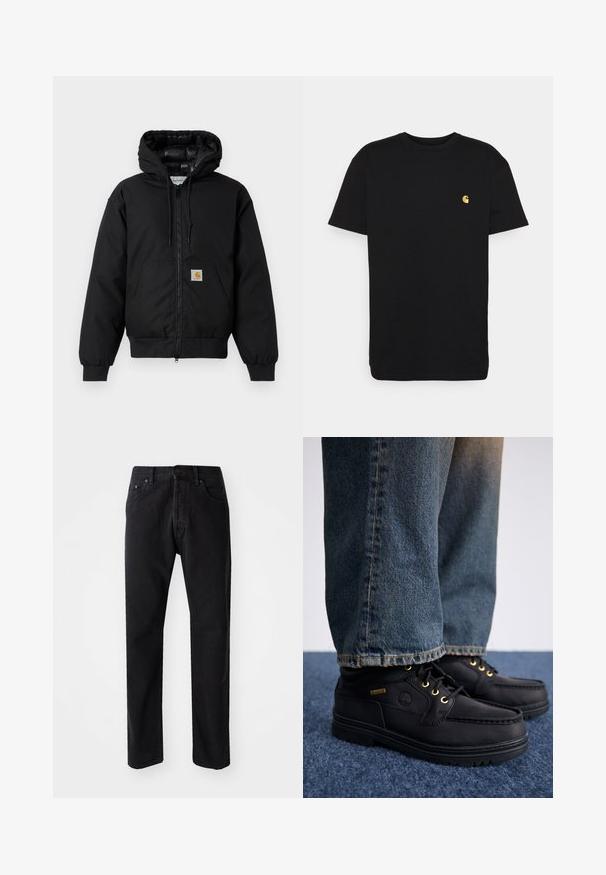 Czarna, bawełniana kurtka z kapturem Carhartt z przednim zamkiem błyskawicznym, kieszenią kangurką, ściągaczami przy mankietach oraz naszywką z logo na kieszeni.; Czarna bawełniana koszulka z krótkim rękawem, okrągłym dekoltem i małym żółtym logo na lewej piersi. Prosty design i regularny krój.; Czarne dżinsy o prostym kroju, pięć kieszeni i zapięcie na guzik. Charakteryzują się widocznym przeszyciem i miękkim, teksturowanym materiałem.; Czarne skórzane buty z złotymi oczkami i teksturowanym wykończeniem, w połączeniu z niebieskimi dżinsami. Buty mają warstwową podeszwę i szczegóły z logotypem.