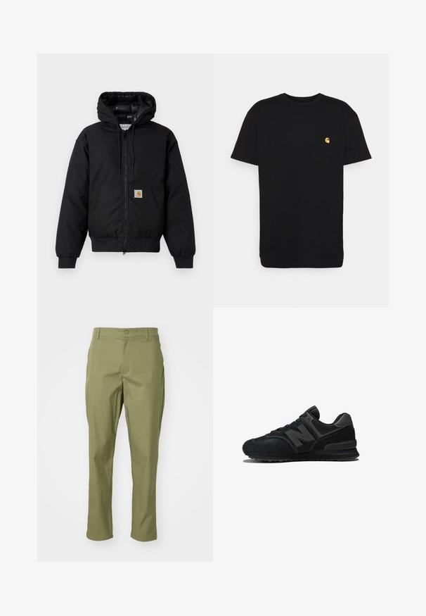 Black Carhartt hooded jacket with front zipper, kangaroo pocket, ribbed cuffs, and logo patch on pocket.; Black cotton t-shirt with short sleeves, crew neck, and a small yellow logo on the left chest area. Simple design and regular fit.; Olive green trousers with a straight-leg silhouette, featuring a button closure and tailored design. Smooth fabric with no visible patterns.; Black sneaker featuring a suede and mesh upper, thick sole, and prominent 'N' logo on the side. Textured design with lace closure.