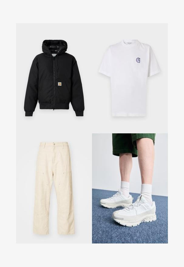 Veste à capuche Carhartt noire avec fermeture éclair à l'avant, poche kangourou, poignets côtelés et patch logo sur la poche.; T-shirt blanc en coton à manches courtes, col rond, avec un petit logo "C" bleu brodé sur la poitrine gauche.; Pantalons en lin à jambe large en beige clair, dotés de poches avant, d'une fermeture à bouton et de détails de coutures visibles pour une texture supplémentaire.; Des chaussures de sport blanches avec des superpositions texturées, une semelle épaisse et des accents gris. Portées avec des chaussettes blanches et des shorts verts sur une surface bleue.