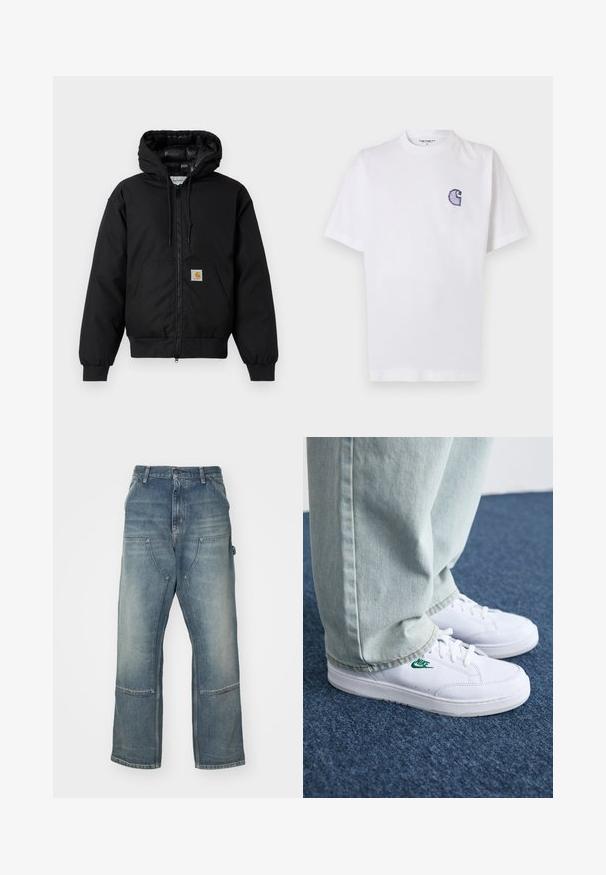 Fekete Carhartt kapucnis dzseki elöl cipzárral, kenguruzsebbel, bordás mandzsettákkal és logóval ellátott zsebbel.; Fehér pamut póló rövid ujjakkal, kerek nyakkivágással és egy kis, hímzett kék "C" logóval a bal mellrészen.; Világoskék, laza szabású farmernadrág, denimből készült. Széles lábakkal, nagy elülső zsebekkel és kontrasztos varrási részletekkel rendelkezik.; Fehér bőr sportcipők zöld Nike logóval, kerek orral, lapos talppal, világoskék farmernadrággal párosítva, kék szőnyegen bemutatva.