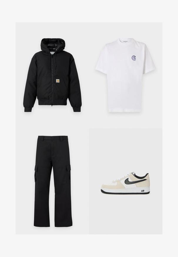 Μαύρο μπουφάν με κουκούλα Carhartt με μπροστινό φερμουάρ, καγκουρό τσέπη, ριμπ μανσέτες και λογότυπο στην τσέπη.; Άσπρο βαμβακερό t-shirt με κοντά μανίκια, στρογγυλή λαιμόκοψη και μικρό, κεντητό μπλε λογότυπο "C" στην αριστερή πλευρά του στήθους.; Μαύρο cargo παντελόνι με σχέδιο κατευθείαν πόδι. Κατασκευασμένο από ανθεκτικό ύφασμα, διαθέτει δύο πλαϊνές τσέπες με καπάκια και κλείσιμο με κουμπί.; Αθλητικά παπούτσια με ανοιχτό μπεζ σουέτ και λευκό δέρμα στην πάνω μεριά, μαύρο σήμα Nike, μαύρες λεπτομέρειες και λευκή καουτσούκ σόλα που φέρει την επωνυμία "AIR".